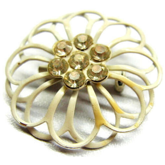 Round Circle Rhinestone Center Enamel Covered Brooch Pin Grey Costume Vintage - Picture 6 of 6